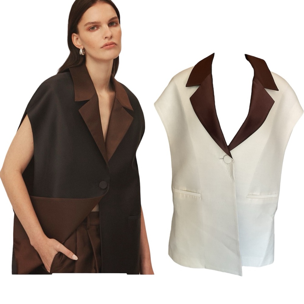 NWT Amir Taghi Silk Wool Bow Tie Blazer Vest Size 2 White Brown